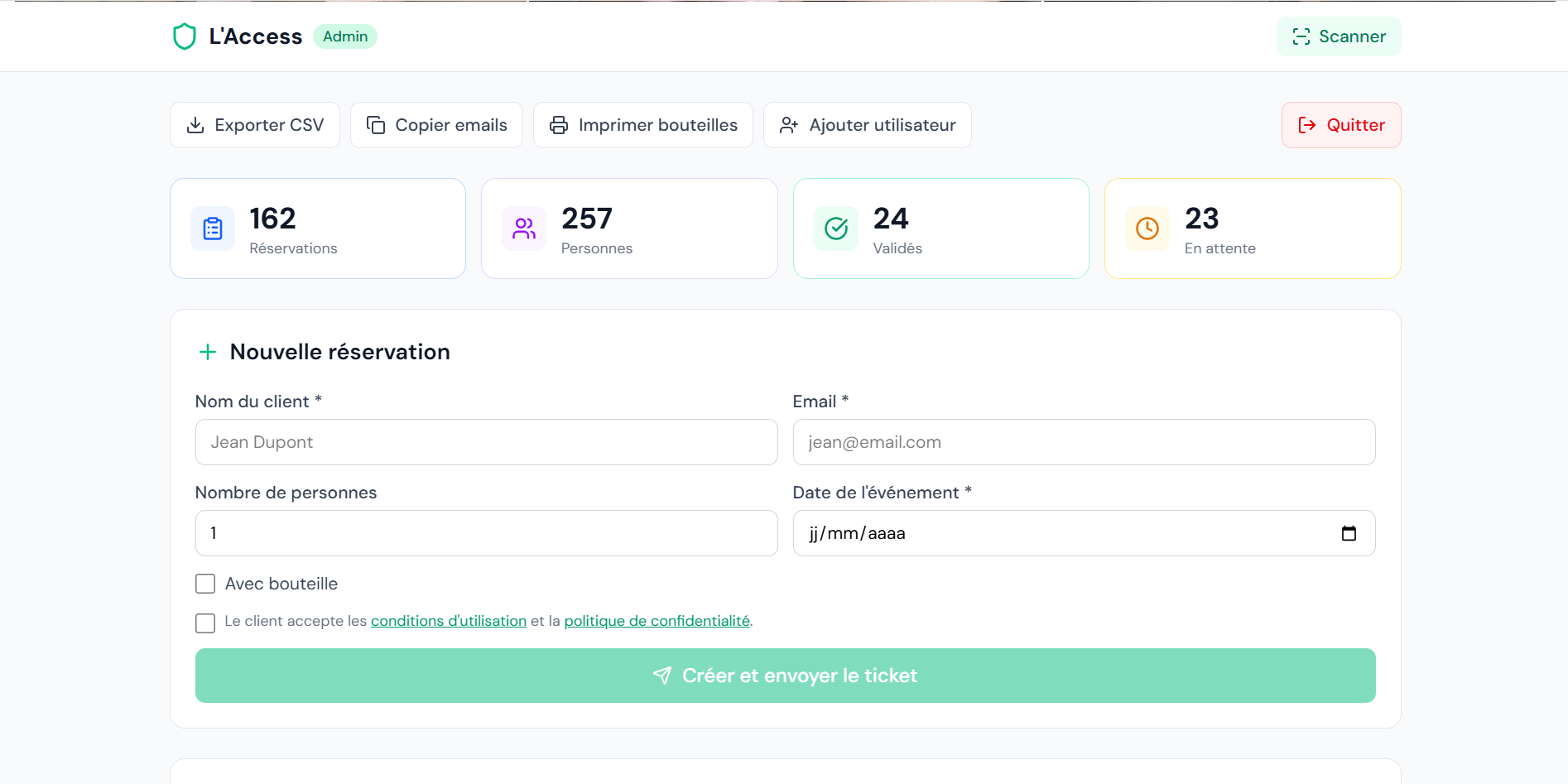 L'Access — dashboard admin